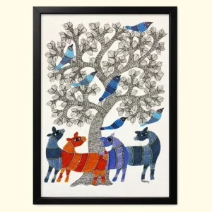 Gond Art Tree of Life with Horses & Blue Birds – Original Indian Tribal Painting