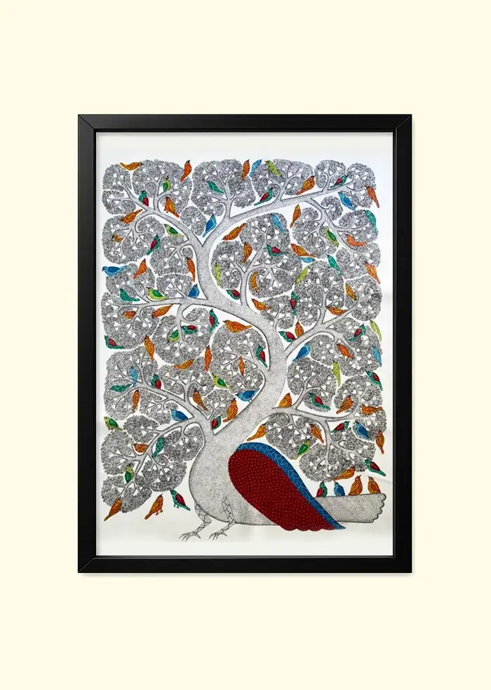 The Tree of Life with Peacocks and Birds | Kachni Style - Madhubai Arts (Mithila Painting)