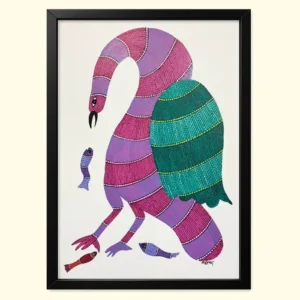 Majestic Gond Art Bird with Fish – Original Indian Tribal Painting