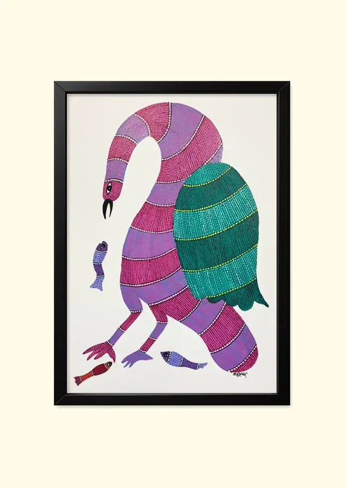 Majestic Gond Art Bird with Fish - Original Indian Tribal Painting