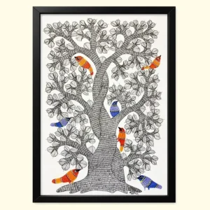 Gond Art: Tree of Life with Vibrant Birds