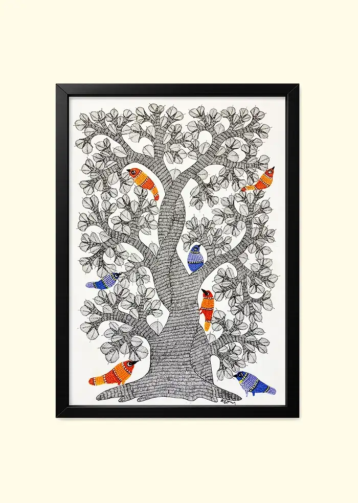 Gond Art: Tree of Life with Vibrant Birds