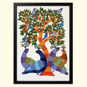 Vibrant Gond Art Tree of Life with Peacocks – Original Indian Folk Painting