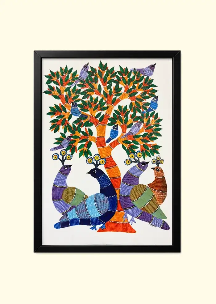 Vibrant Gond Art Tree of Life with Peacocks - Original Indian Folk Painting
