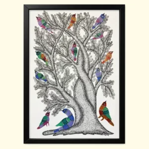 Kachni Madhubani: Tree of Life with Intricate Dot-Work and Dash-Filled Birds